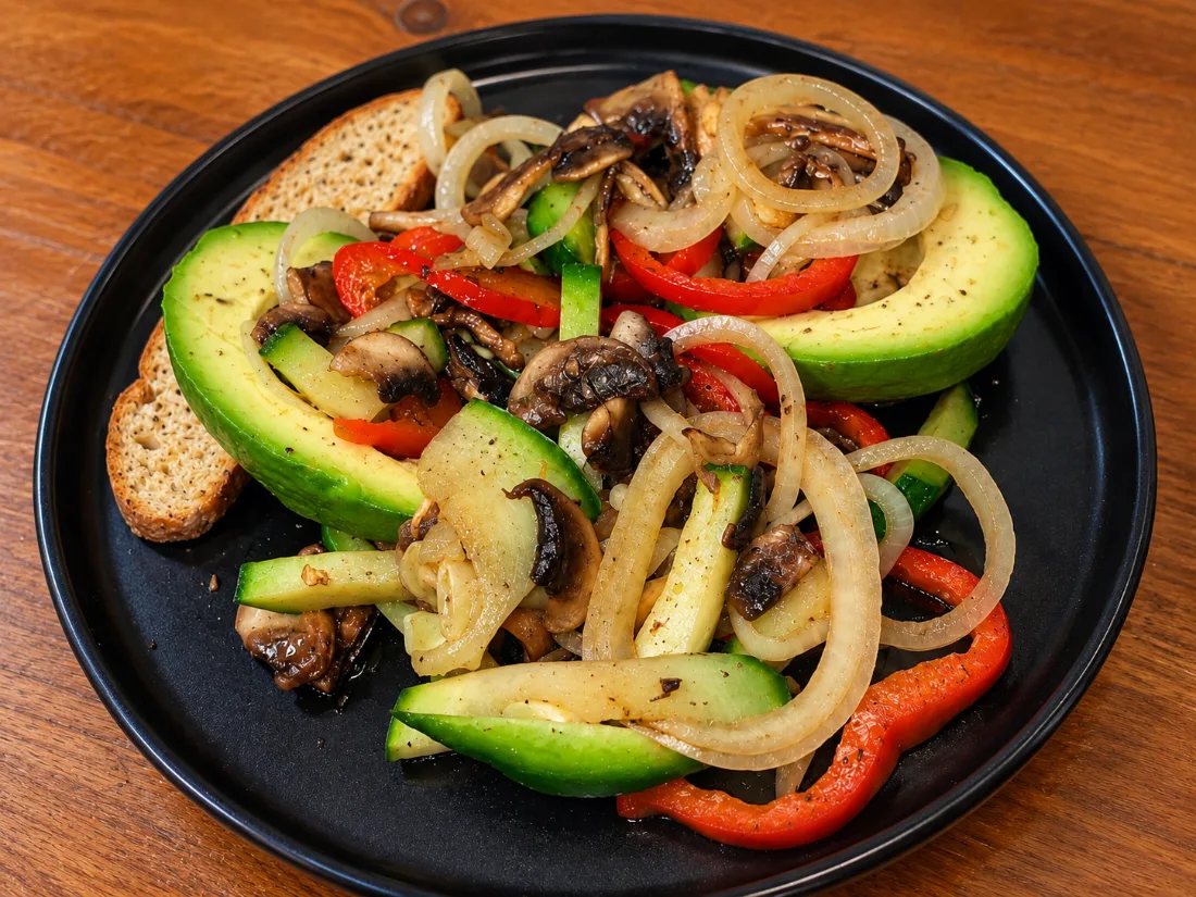 Stuffed avocado with sautéed mushrooms, onion, sweet pepper and zucchini, served with bread