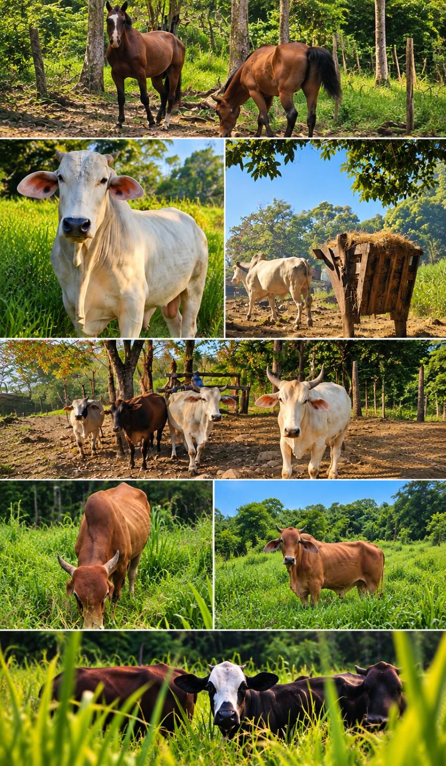 Cattle at Finca Don Luis in Guacimal: cows and horses in the pasture, and the farm feeder