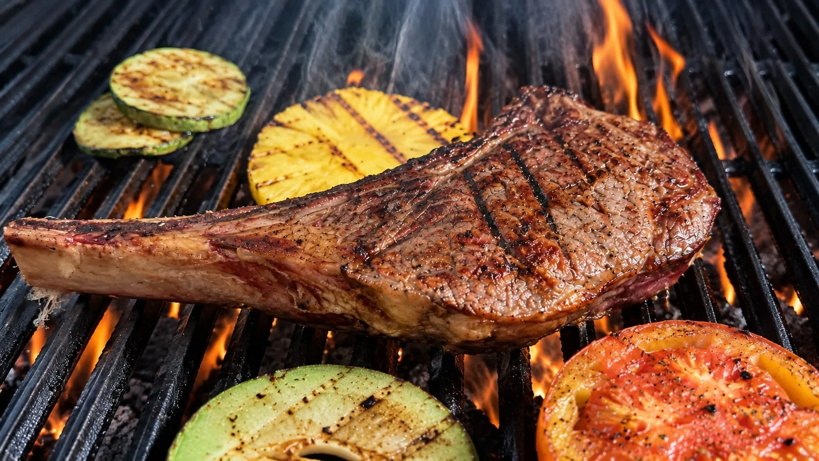 Tomahawk a la parrilla sobre las llamas, con piña, tomate y vegetales asados