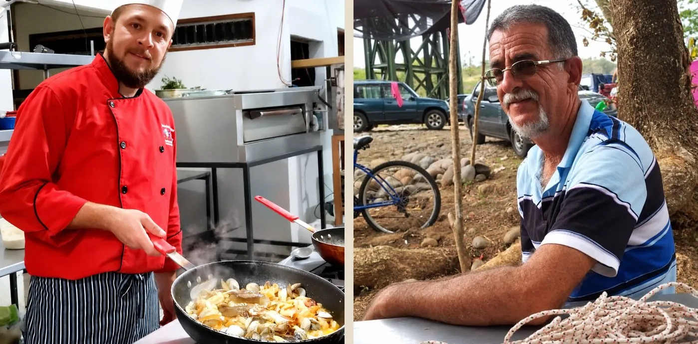 Kenneth Varela cocinando en la cocina del restaurante y su padre Don Luis Varela en un turno de pueblo