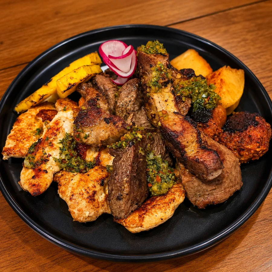 Parrillada Don Luis: chicken, beef and pork from the grill with chimichurri, sausage, grilled pineapple and potatoes